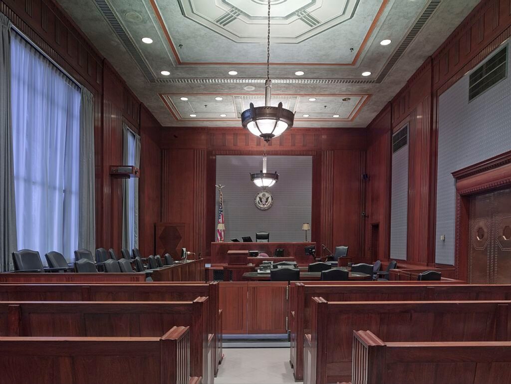 A courtroom with wooden pews, wall panels, and decorative trim sit below an illuminated white ceiling trims with an etched glass pattern and a chandelier hanging down. A judge's bench sits in the background with a jury's box located in the back right.