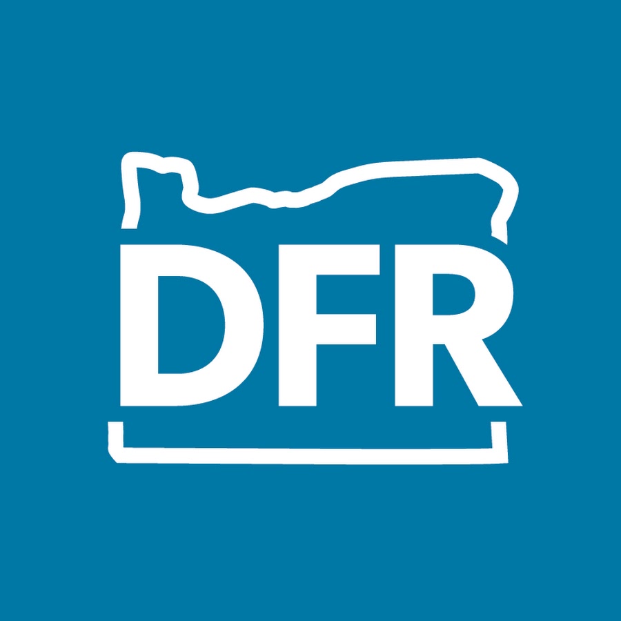 Division of Financial Resources logo. Blue background with letters DFR inside the outline of the state of Oregon.