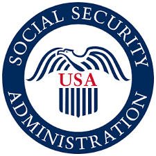 Social Security Administration logo. Navy blue ring with "Social Security Administration" in white letters and a navy blue eagle perched above "USA" in red letters.